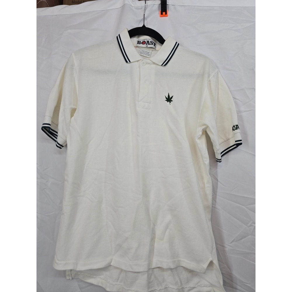 Vintage Boast Mens White Cotton Pique Polo Shirt Japanese Maple Leaf Logo Size M